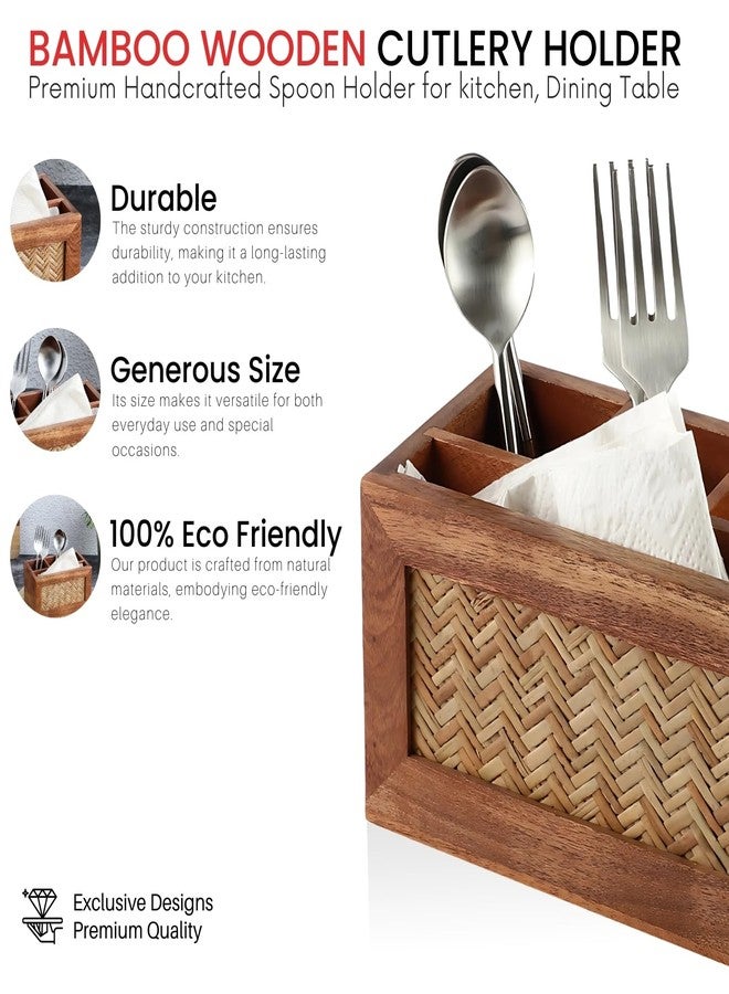 VarEesha Hand Crafted Acacia Wood Chatai Four Part Spoon Holder| Cutlery Holder| Kitchen Caddy | Wooden Cutlery Rack for Kitchen|Wooden Spoon Stand for Diining Table - Image 3